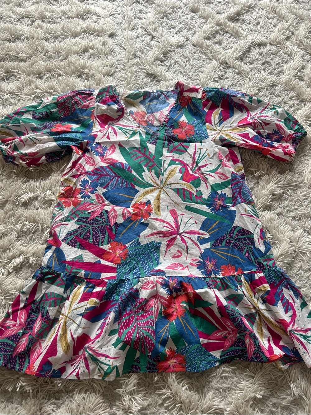 Sundry Tropical Floral Puff-Sleeve Dress in White, Pink, Blue, Green